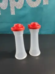 Tupperware Small 4” Hourglass Salt and Pepper Shakers Mini Clear with Red Seals