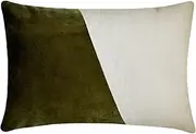 Fabric Mart Direct Decorative Olive Green 30x55 cm (12"x22") Lumbar Cushion Covers, Velvet & Linen Solid Color Block Lumbar Cushion Covers, Patchwork Pattern Modern Style - Velutinous Olive