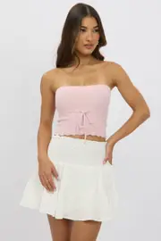 White Mini Skort Skirt Shirred Waist Cotton Textured Lined - Size 16XL, Women's Skater Skirt