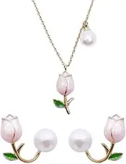 [Generic] Tulip Flower Necklace Ear Studs Pearl Tulip Flower with Green Leaf Pendant Chain Necklace Earring Jewelry Sets for Women Mother Her Gift