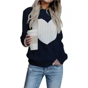 Nevenka Women's Long Sleeve Pullover Sweater CrewNeck Cute Heart Knit Sweater-Navy Blue