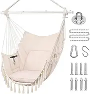 Homodoskey Hammock Chair Hanging Rope Swing Chair with 2 Seat Cushions & Installation Kit, Max 330 Lbs,Hammock Swing Hanging Chair for Bedroom Outside shanging Yard Patio Camping Garden (Beige)