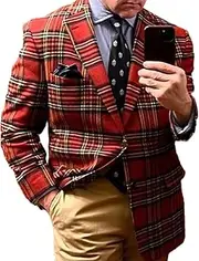 [Kromoc] Men's Scotland Plaid Tweed Blazer Notch Lapel Single Breasted Button Suit Coat for Daily Formal Dinner