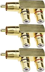 eMagTech 3PCS RCA Splitter Adapter 90 Degree Right Angle RCA Male to 2 RCA Female Plug Audio Video Adapter Gold-Plated Metal Connector