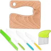 6PCS Wooden Kids Kitchen Knife Set - Wood and Plastic Cooking Knives With Serrated Edges for Toddlers and Children - Includes Potato Slicers