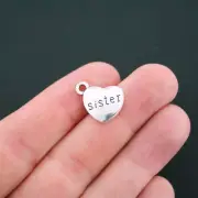 BULK 30 Sister Heart Charms Antique Silver Tone 2 Sided- SC4690