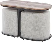 [La Bella] 3-Piece Coffee Table & Ottoman Set – Modern Industrial Living Room Furniture with 2 Padded Stools, Linen Upholstery & MDF Wood Tabletop – Space-Saving Design, Cream