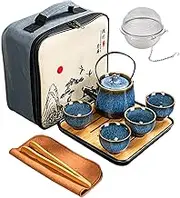 Ceramic Kungfu Tea Set,Chinese Tea Set,Contains Tea Tray and Bag,Tea Sets for Women/Man/Adults,Suitable for Parties and Travel,with Tea Strainer-Stainless