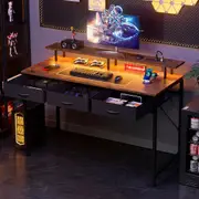 120CM Computer Desk with Charging Station and LED Light Monitor Stand and 3 Fabric Drawers Storage, Rustic Brown