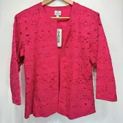 Chico’s Eyelet Bloom MIMS 3/4 Sleeve Open Front Jacket in Vivacious Hot Pink 1/M