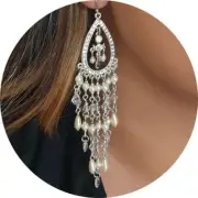Elegant Silver Swarovski Crystal & Pearl Sparkling Chandelier Teardrop Earrings