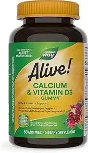 Nature's Way Alive! Premium Calcium + D3 Gummy + Orchard Fruits/Garden Veggies Blend, 60 Cherry & Strawberry Gummies