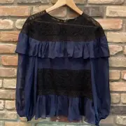 bcbg maxazria kabrina black lace navy silk dressy peasant top nwt m medium $298