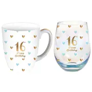2pc LMD 16th Birthday Sweet Heart Mug & Stemless Wine Glass Drinkware Set