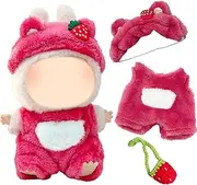 Clothing Compatible with Labubu 17 cm Plush, Cuddly Toy Clothing Outfit with Strawberry Bear Headband Pink Jumpsuit Strawberry Pockets DIY Pullover Hoodie Clothing Accessories Children Gift Girls