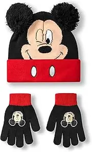 [Disney] Mickey Mouse Boys Beanie Hat & Gloves Set | Black & Red Knitted Winter Hat with Pom Poms | Kids One Size Hat & Gloves with Mickey Mouse Character Face | Classic Cartoon Merchandise Gift,