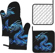 4 pcs Oven Mitts and Pot Holders Set 500°F Heat Resistant Oven Gloves and Hot Pads Kitchen Mittens Blue Chinese Dragon Cooking Gloves Potholders for Baking Grilling