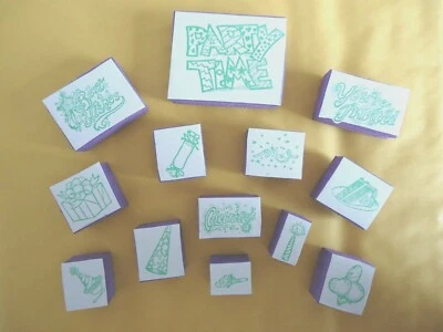 Stamp Party Time Best Wishes You're Invited Celebrate Cake Candy Hat foam rubber