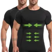 4D Mens Compression Shirt Short Sleeve, Gynecomastia Tummy Large 2 Pack Black