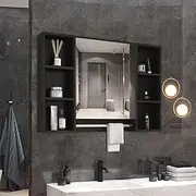 Bathroom Mirror Cabinet Medicine Shaver Shelves Shaving Wall Cupboard Organiser Storage Floating Vanity Furniture with Door Black 90x12x65cm