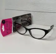 Betsey Johnson Readers Glasses +1.50 Case Set Cat Eye Frame Black Snake Print