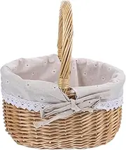 ROMISBABA 1Pc Portable Hand Basket for Picnic Wedding Parties Rattan Storage Basket with Linen Cloth Lining Pastoral Style for Snacks Desserts Durable Creative Design