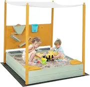 HONEY JOY Kids Sandbox with Sand Wall, Wooden Sandpit for 3-8 Years w/Removable Canopy, Water Bucket, Storage Bins & Bottom Liner, Outdoor Sand Box w/ 2 Corner Seats for Backyard, Garden, Beach