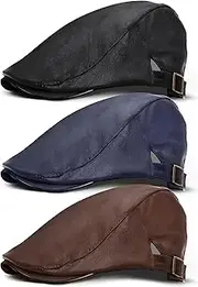 [ROLVNHTV] 3 Pieces Newsboy Hats for Men Beret Leather Cap Leather Ivy Driving Hat Adjustable Flat Cabbies Hat for Fishing, Black,blue and Brown, One Size