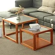 Nest of 2 Tables with Frosted Glass Top – Solid Wooden Nesting Tables – Multifunctional Coffee Table & Lamp Stand – Side Tables for Living Room Bedroom Office Hallway,B