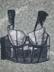 VS dream Angel Capped Corset bra top NEW Medium Black Flocked Dot Floral