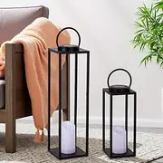 ALL FORTUNE Large Solar Outdoor Lanterns, 25" 16" Tall Farmhouse Black Metal Waterproof Decorative Lanterns with Solar Candles for Front Porch, Patio, Christmas, Fall Decor- Set of 2