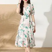 Short Sleeve V-Neck Floral Print Chiffon A-Line Dress White - S