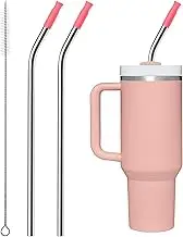Bluwing 2 Pcs Stainless Steel Straw with Silicone Tips for 40 oz Stanley Tumbler, Repeatable 40 oz Metal Straws for Stanley Adventure Quencher Travel Tumbler Cup, BPA Free（Pink Dusk）