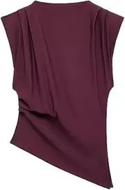 [Generic] Women's Vest Top Elegant Sleeveless Asymmetrical Tank Top Casual Pleated Tops