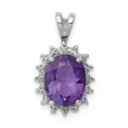 Sterling Silver Rhodium Plated Oval Amethyst And Diamond Pendant