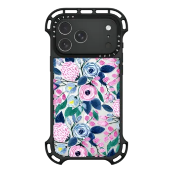 iPhone 17 Pro Max Ultra Bounce Case MagSafe Compatible Girly Pink Navy Blue Watercolor Flowers Roses Leaves Pattern Clear