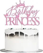 Auteby Glitter Birthday Princess Cake Topper - Happy Birthday Cake Topper for Crown Girl Birthday Party Decoration (pink)