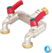 Brass 1/2'' Inch Double Water Tap, Tap and Splitter 2 in 1,1/2 Inch Inlet and Two 3/4 Inch Outlet Taps Splitter Ball Valve Faucet, 2 Way Tap Connector with Individual On/Off Tap Adapter