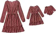 [AWIBMK] Mommy and Me Matching Dresses Floral Split Ruffled Boho Dress Long Sleeve Casual Fall Winter Mom Daughter Matching Outfits