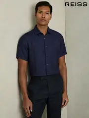 Reiss Navy Holiday Slim Fit Linen Button-Through Shirt (C83556) | $180