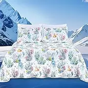 Uspring Cooling Quilts King Size Reversible Coastal Bedding Set, 3Pcs Lightweight Breathable Cool Comforter for Hot Sleepers, Summer Bedspreads Coverlet Sets with 2 Pillow Shams (Green, 104'' x 90'')