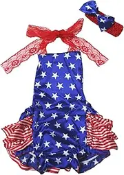 [Petitebella] Little Girls' Dress Backless Sunsuit Star Stripe Lace Romper Set