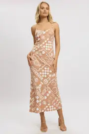 Brown Abstract Maxi Dress Bias Cut Linen Blend - Size 16, Women's Maxi Dress