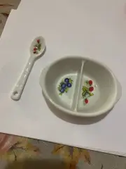 Vintage White Ceramic Divided Jelly Jam Serving Dish Strawberry Blueberry Spoon