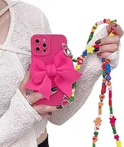 Exquisite Bow Phone Case, Fashionable Cute Rose Red Bow Phone Case Crossbody Lanyard, with Detachable Chain Strap, for iPhone 16/15/14/13/12/11 Pro Max (with Colorful Chain,16)