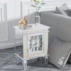 Silver Mirrored Glass Bedside Table Nighstand Side Table Cabinet with Quartz Clo