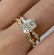 Long Cushion Cut Moissanite Ring Set Infinity Stacking Band Gold Women Jewelry