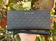 Michael Kors Jet Set Travel Large Continental Wallet Wristlet MK Signature Black