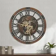Micasso 24 Inch Real Moving Gears Clock, Large Brown Gear Wall Clock with World Map, Vintage Wood Frame Non-Ticking Battery Operated Silent Mechanical Clock for Office, Living Room, Kitchen