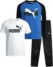 [PUMA] Boys' Pants Set - 3 Piece Tricot Jogger Pants and T-Shirt Set - Boys Activewear Set (4-16)